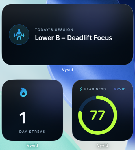Three Vyvid widgets on an iPhone home screen: today's session, a training streak, and a readiness score of 77